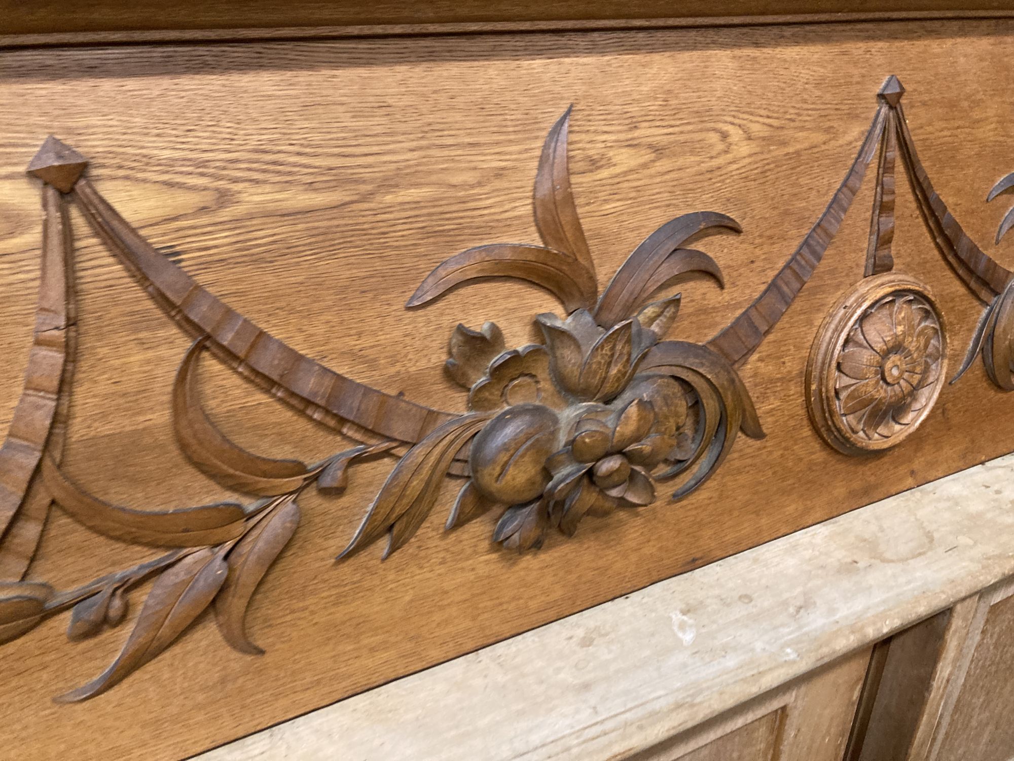 A large Continental carved oak pelmet / cornice, length 216cm, height 46cm